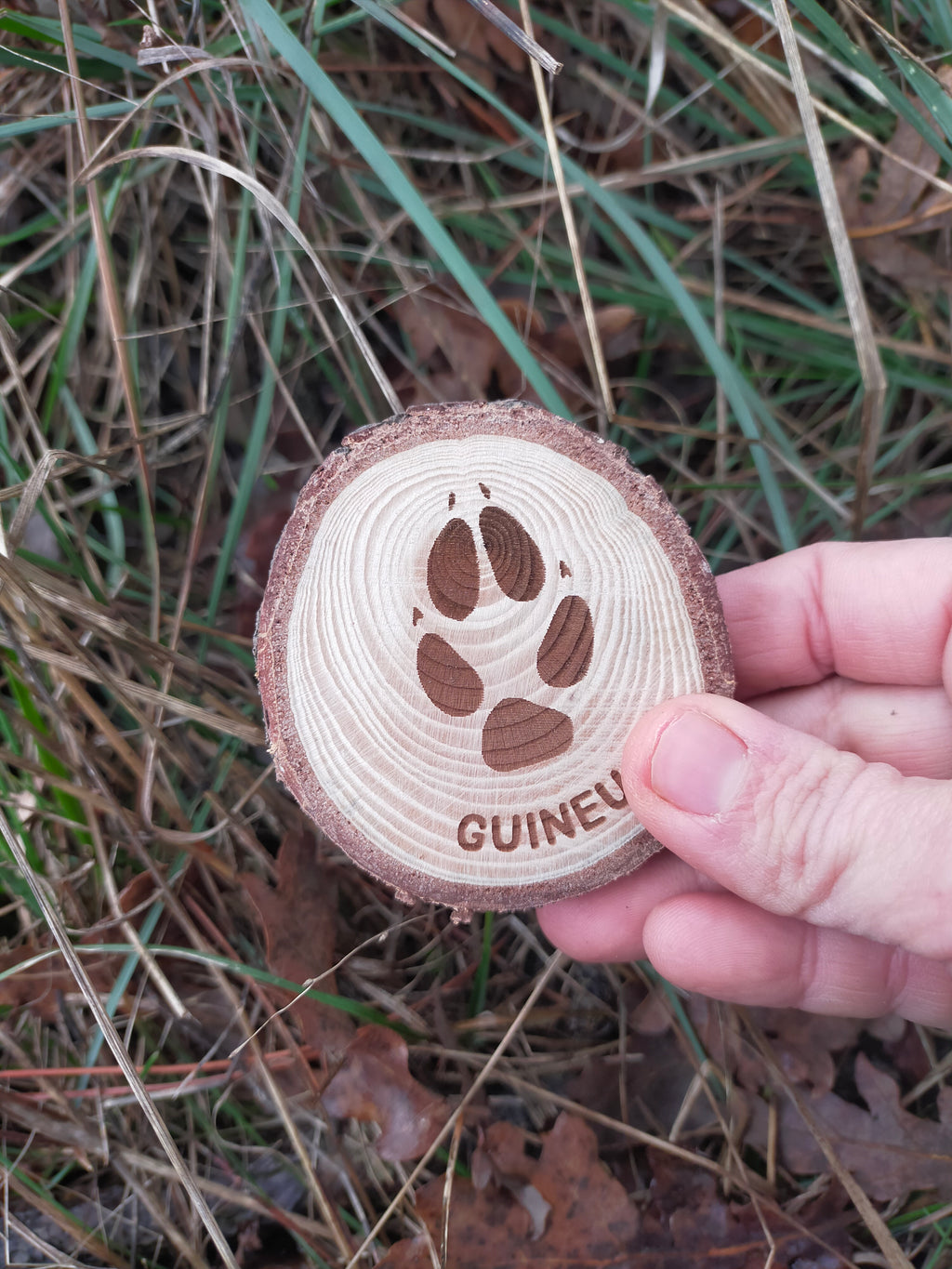 Wooden disc with paw print design and 'GUINEU' text held in a hand against a natural background.