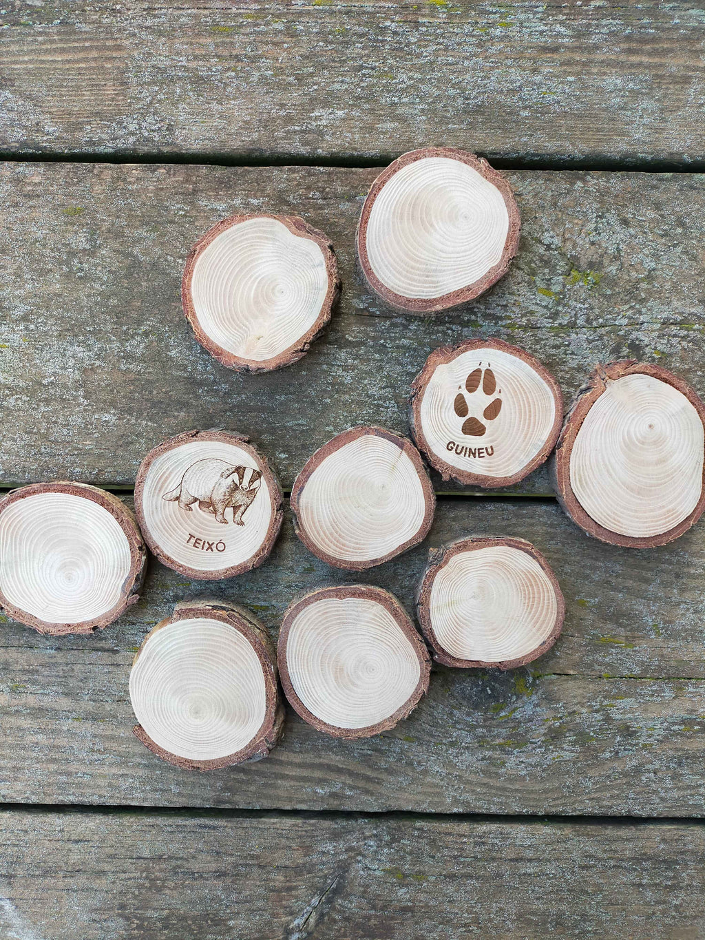 Joc de memòria amb 10 rodanxes de fusta, per aprendre sobre 5 mamífers del nostre entorn i la seva petjada.